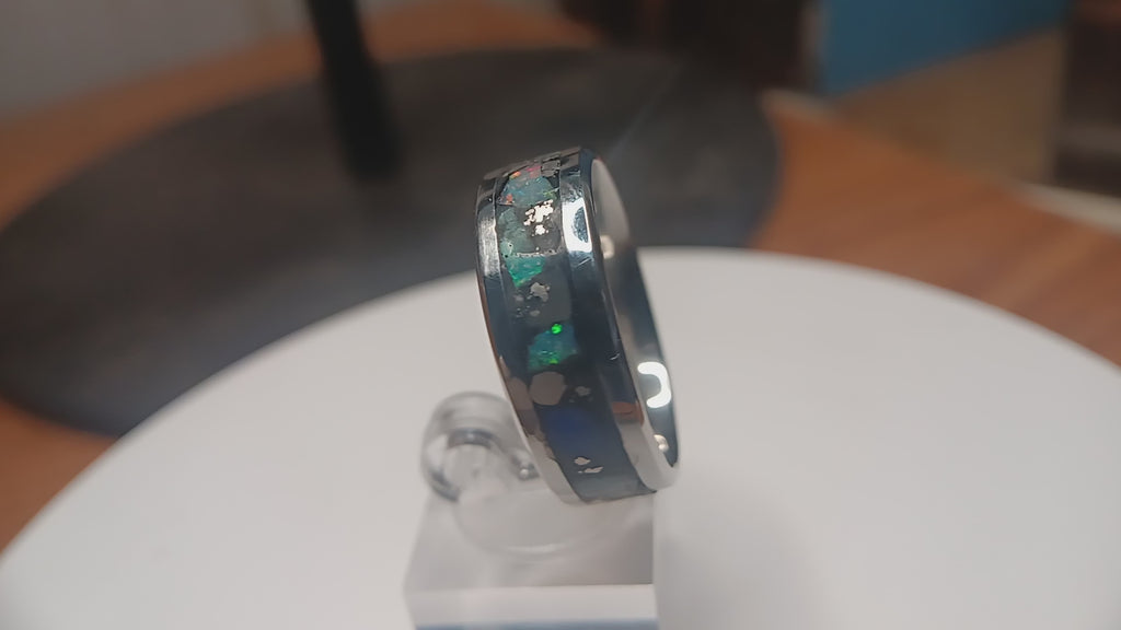 Silver crystal and opals inlay ring