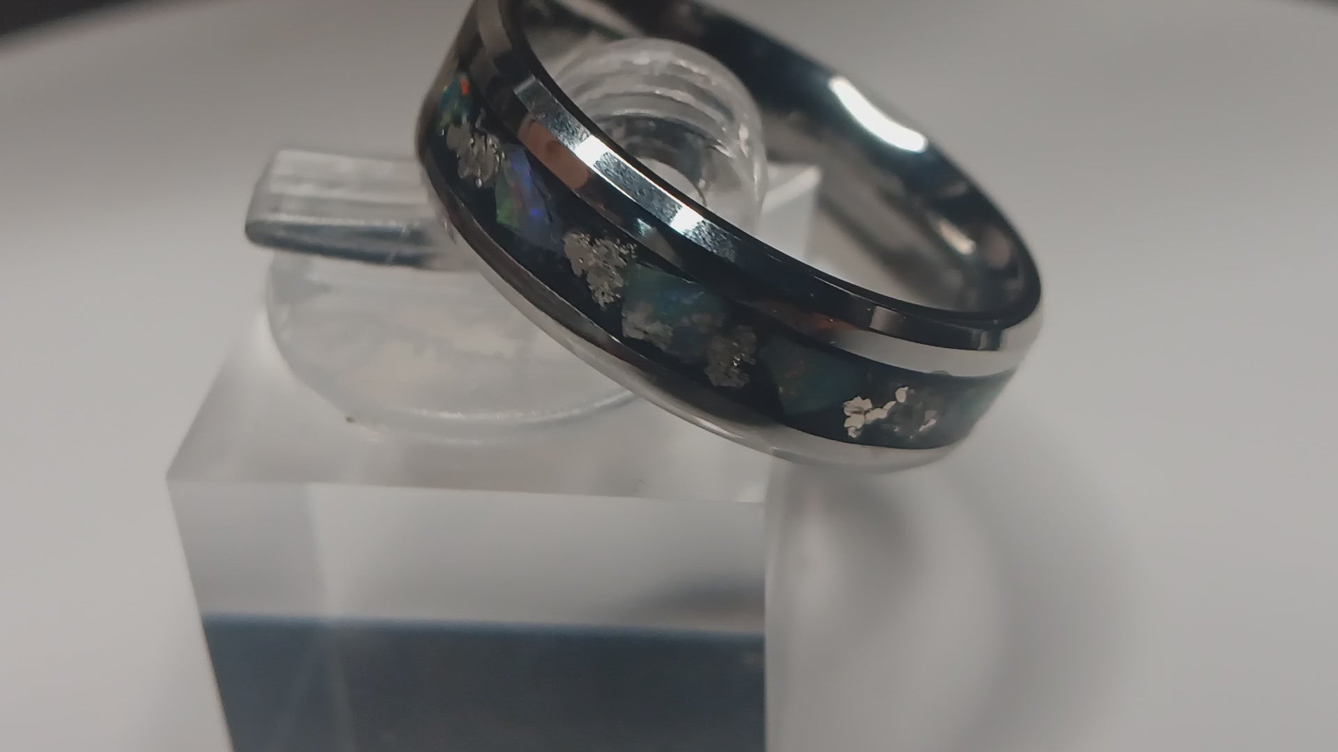 Silver crystal and opals inlay ring