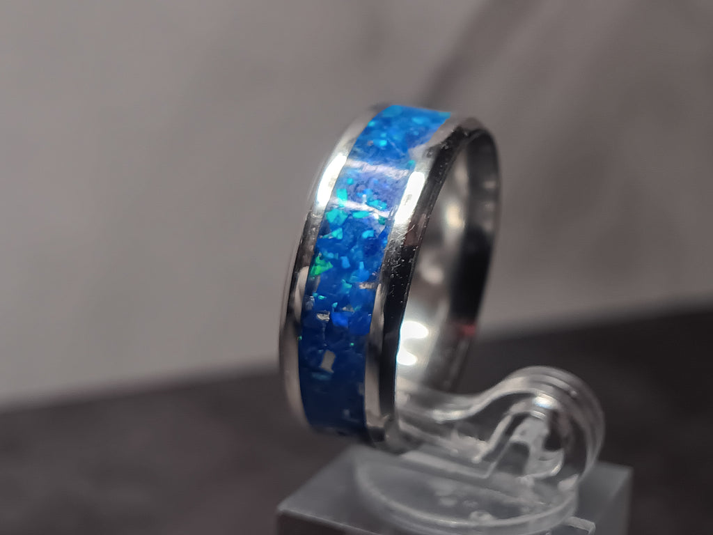 Stainless steel royal blue opal ring