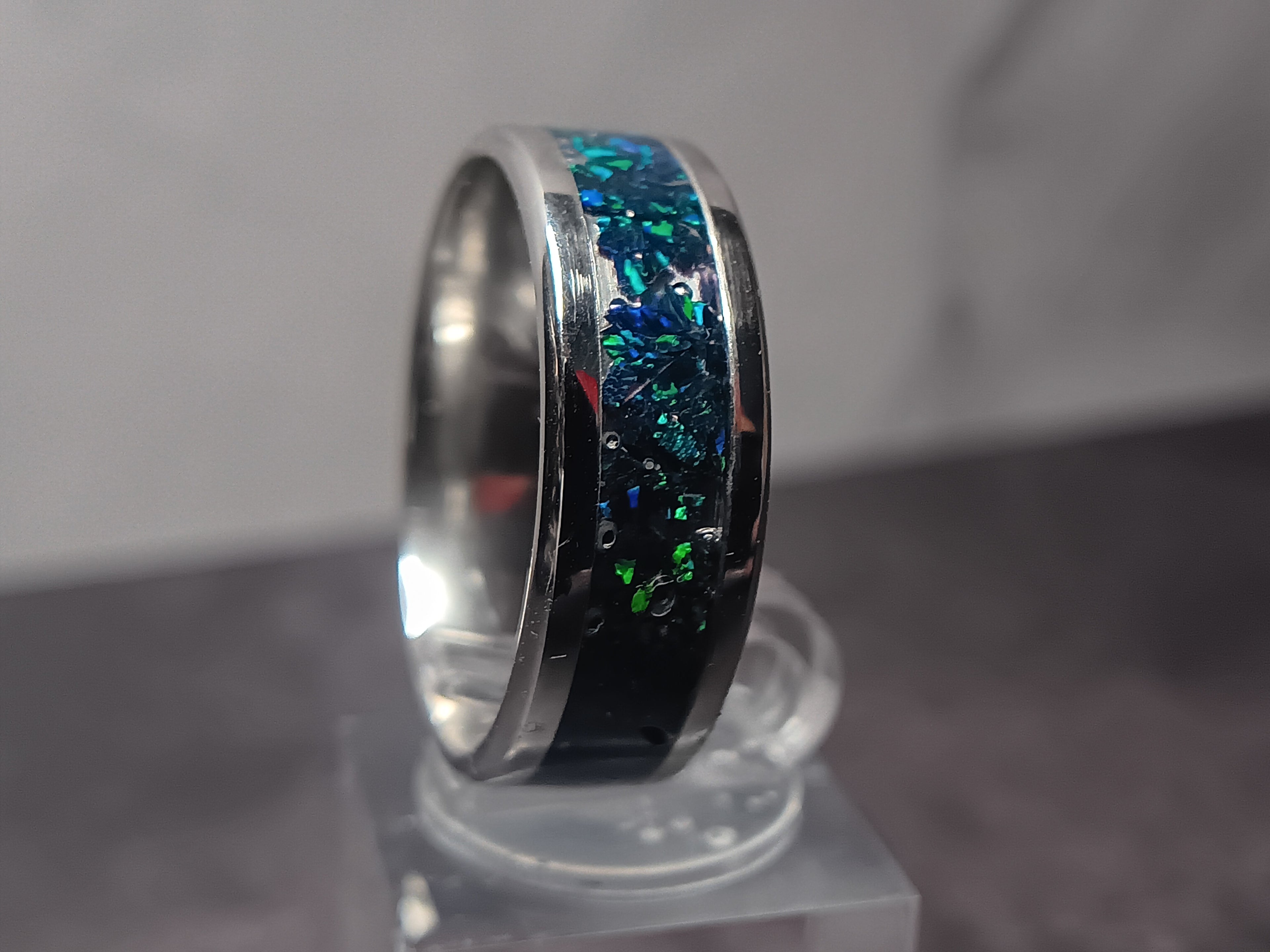 Stainless steel black crushed opal ring