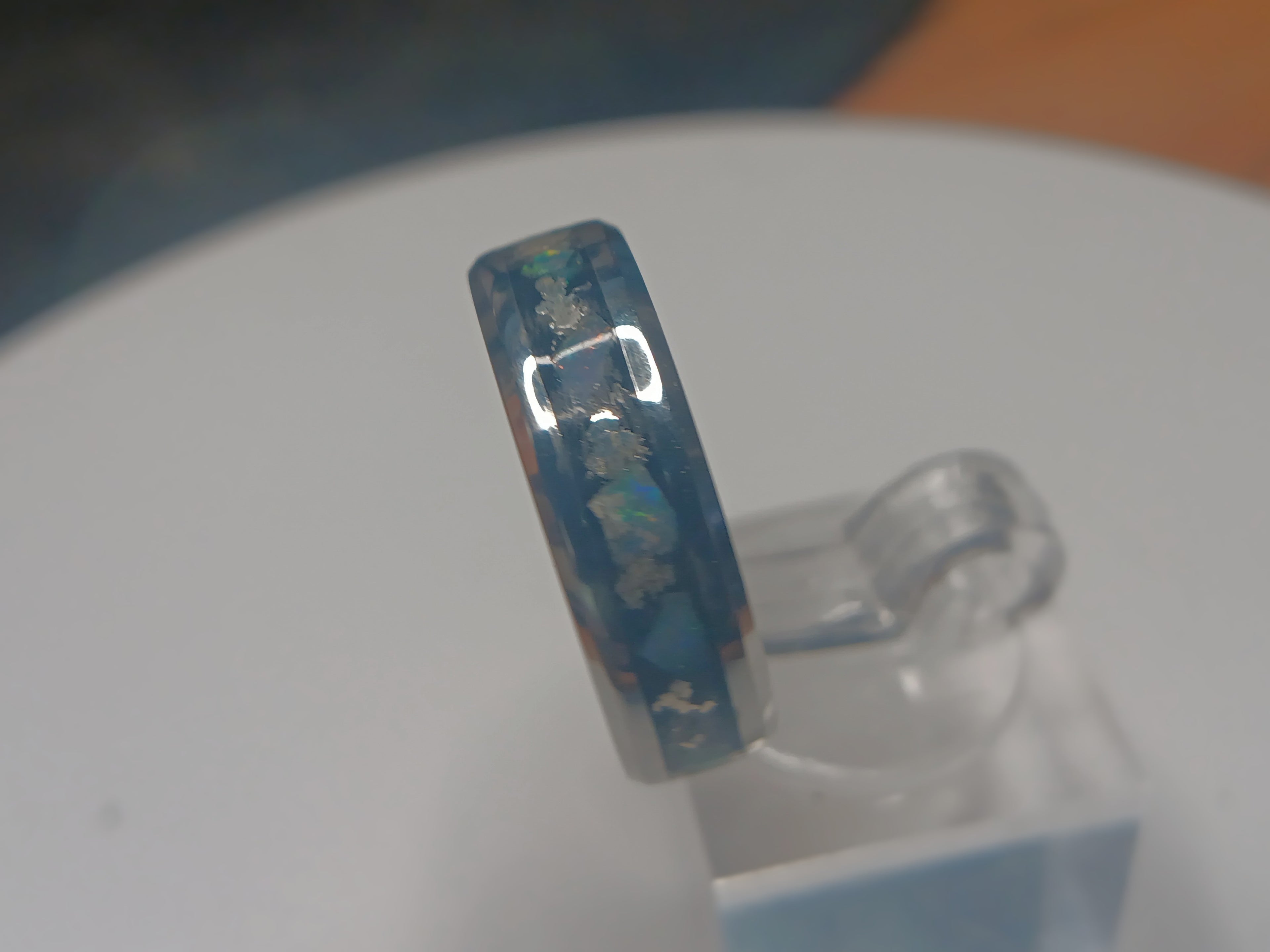 Silver crystal and opals inlay ring