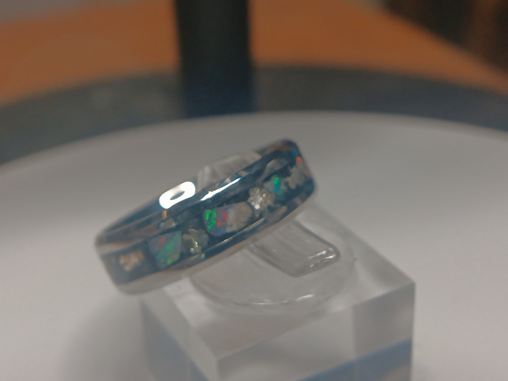 Silver crystal and opals inlay ring