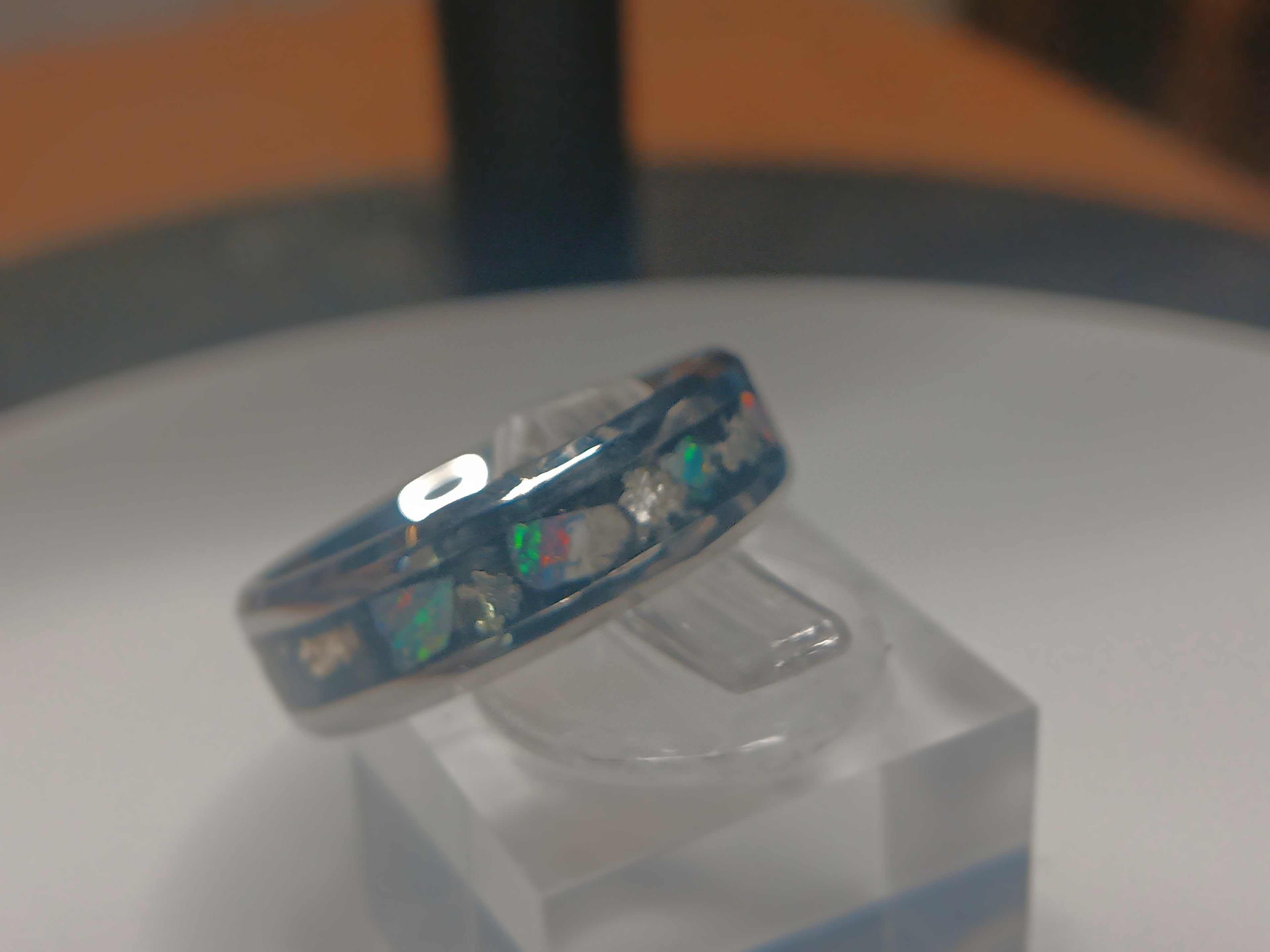Silver crystal and opals inlay ring