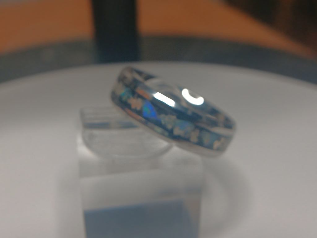 Silver crystal and opals inlay ring