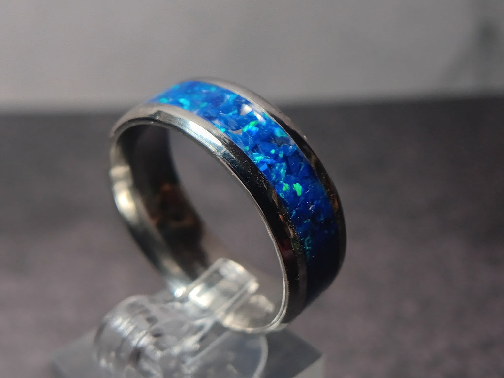 Stainless steel royal blue opal ring
