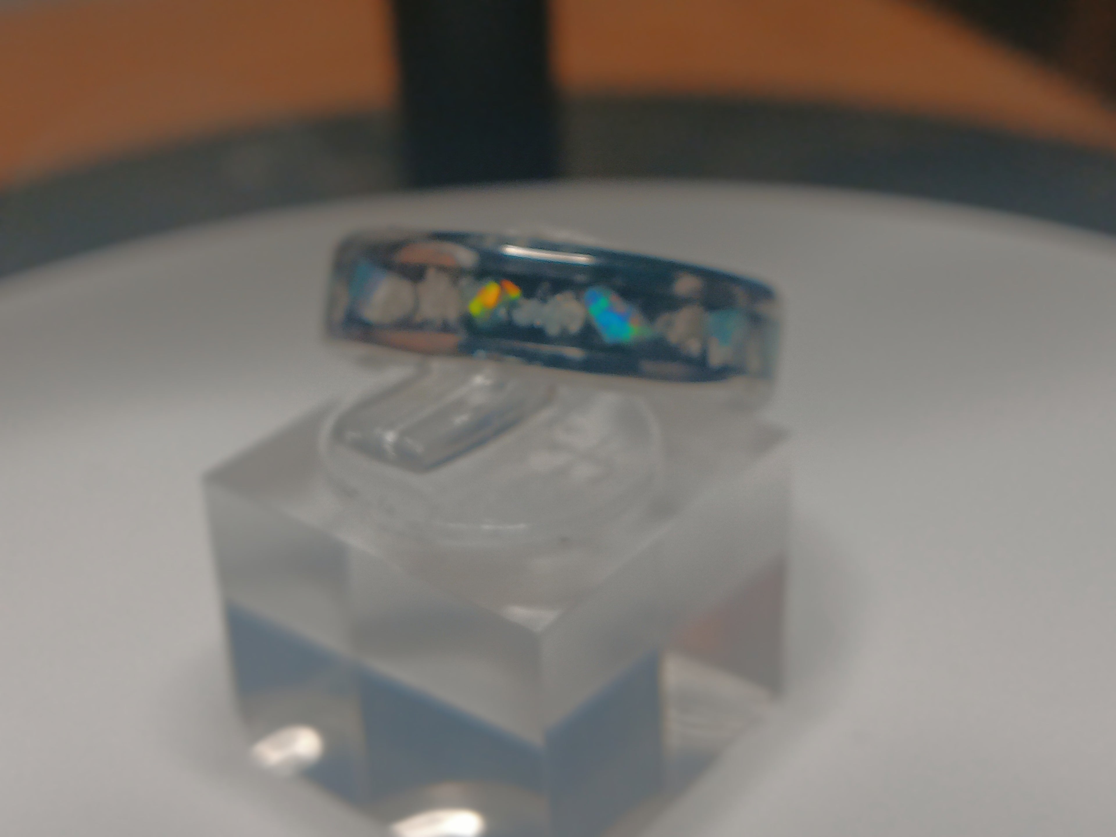 Silver crystal and opals inlay ring