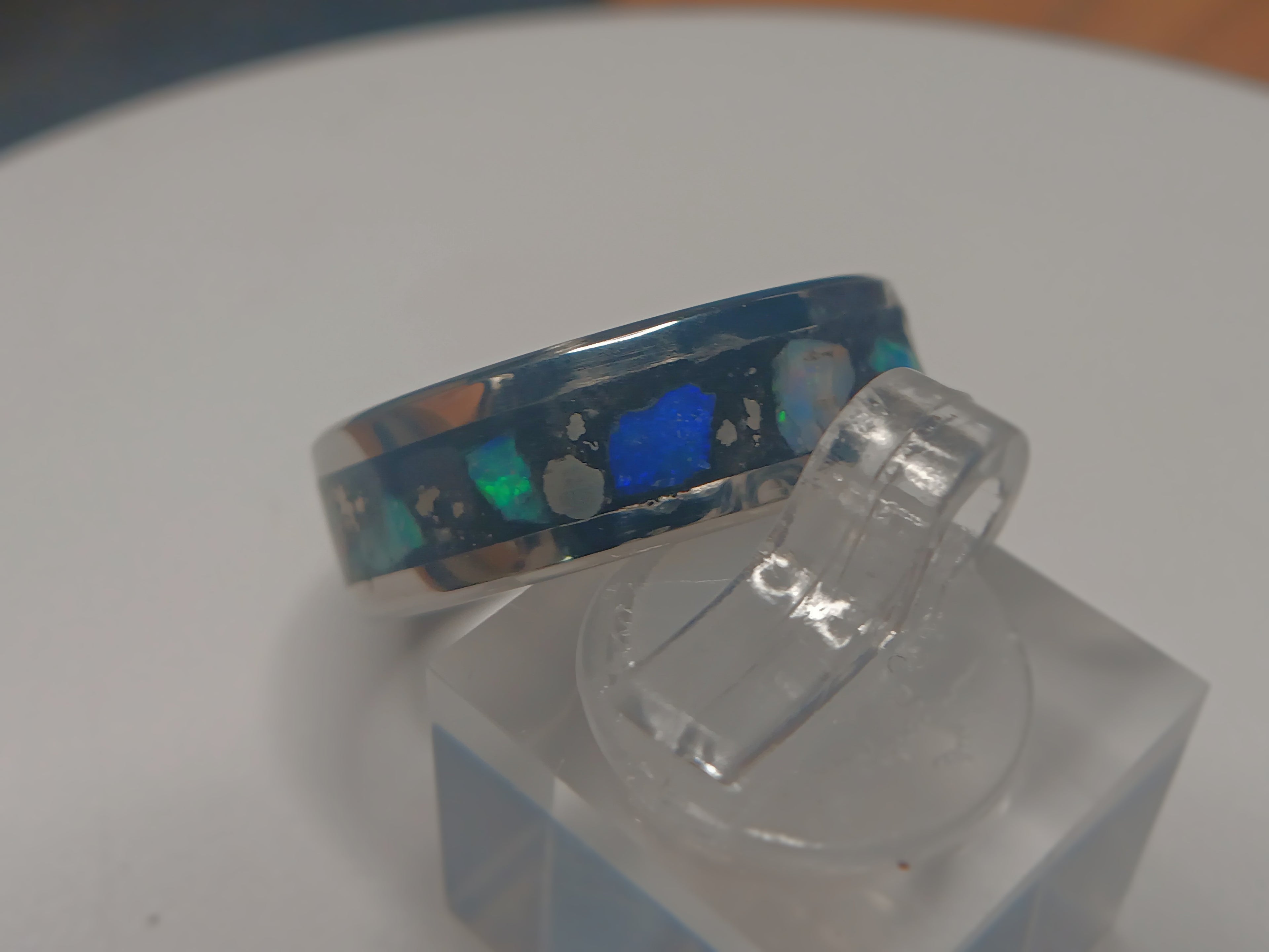 Silver crystal and opals inlay ring