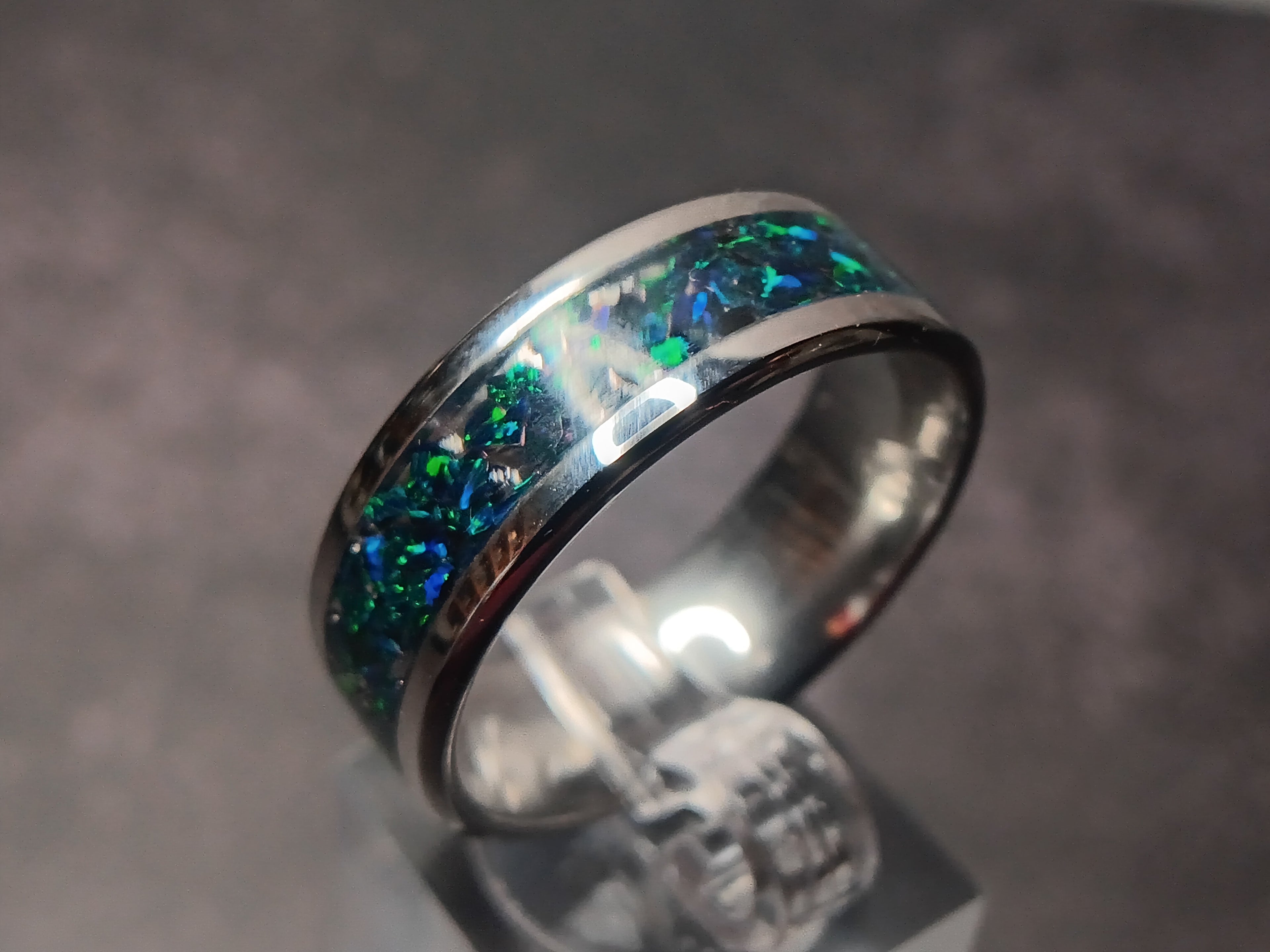 Stainless steel black crushed opal ring