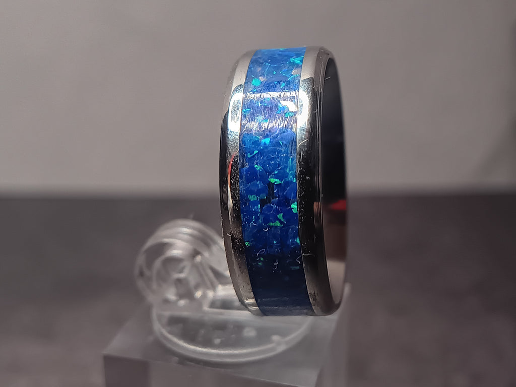 Stainless steel royal blue opal ring
