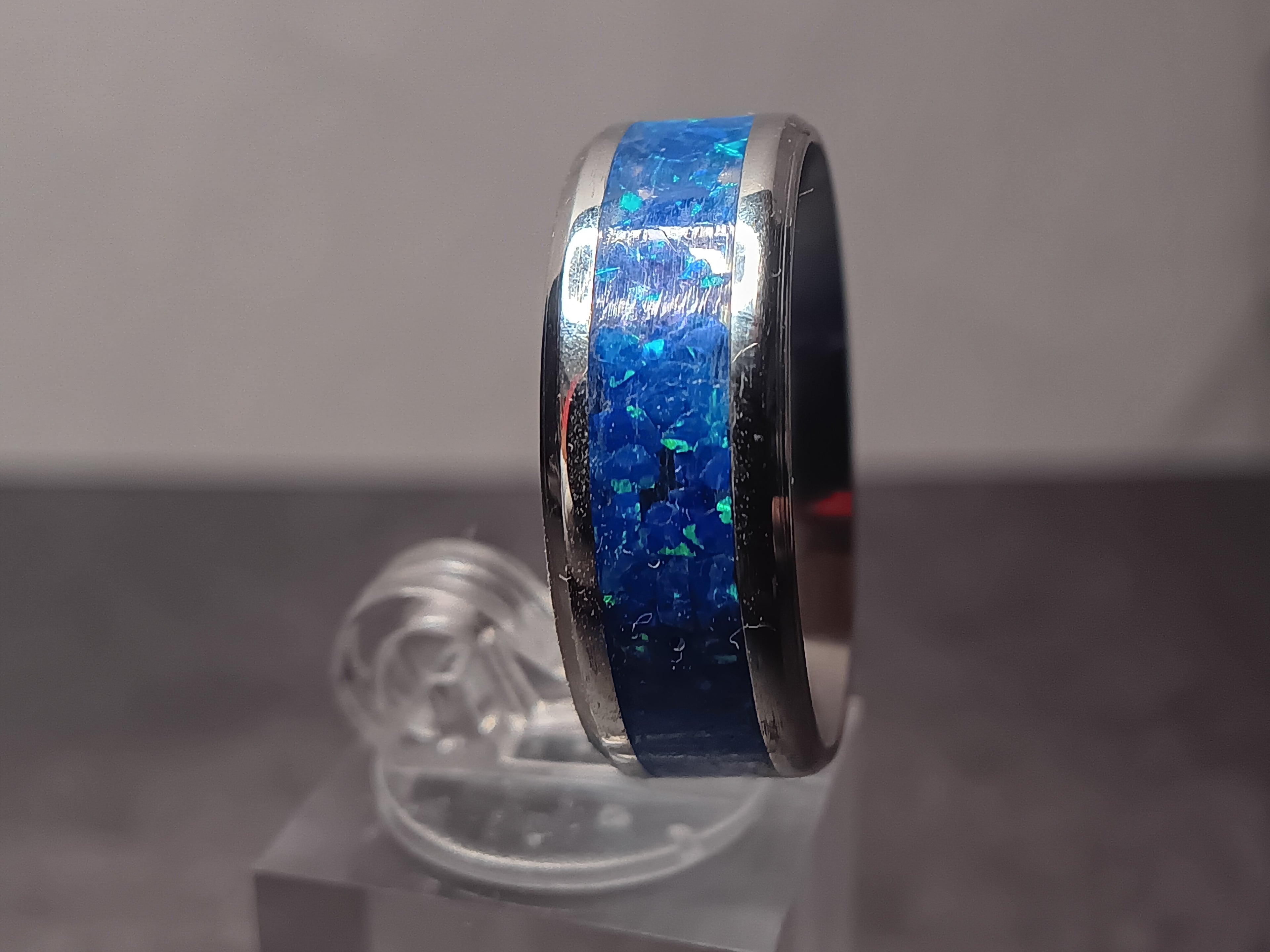 Stainless steel royal blue opal ring
