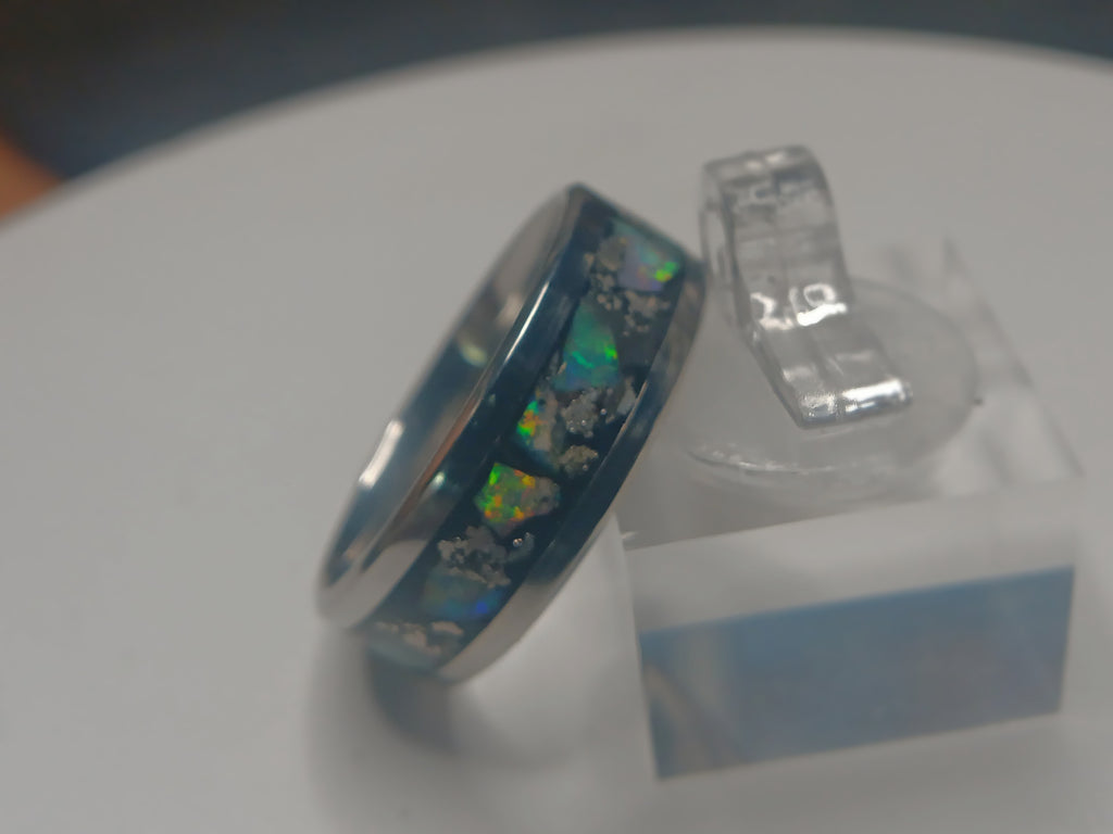 Silver crystal and opals inlay ring