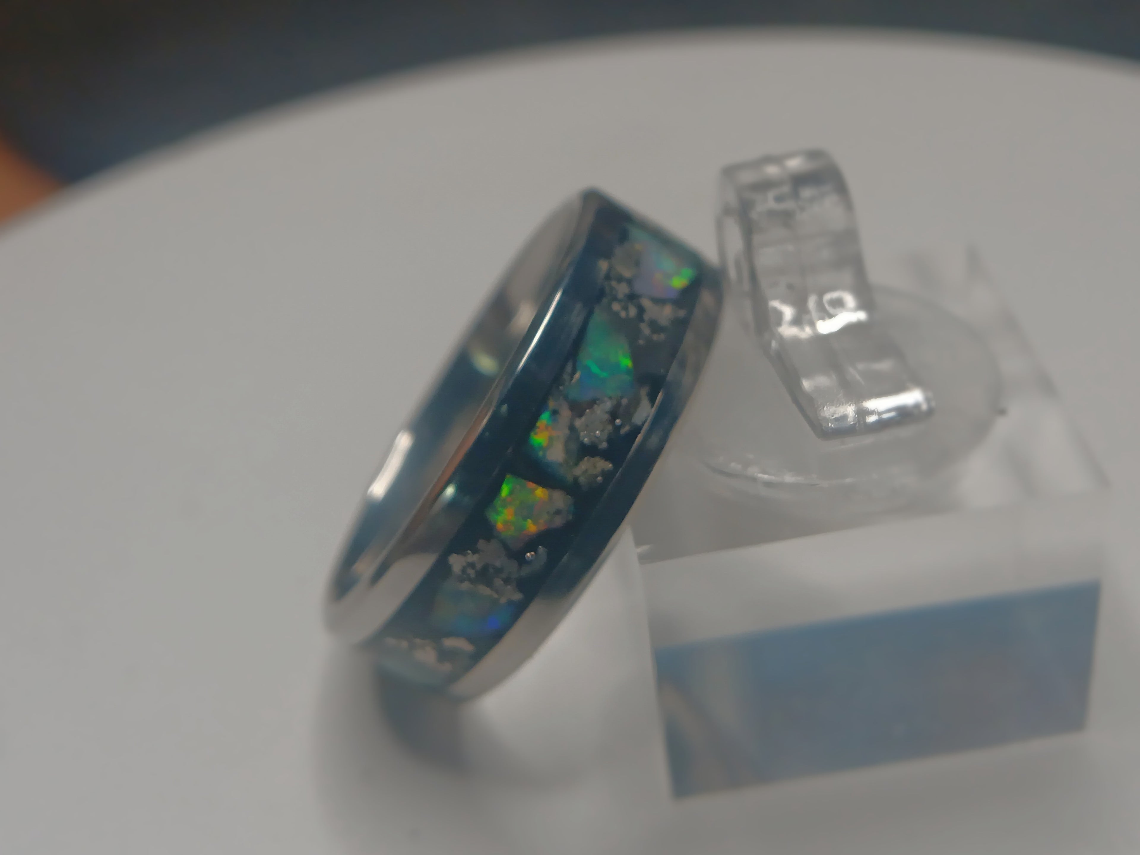 Silver crystal and opals inlay ring