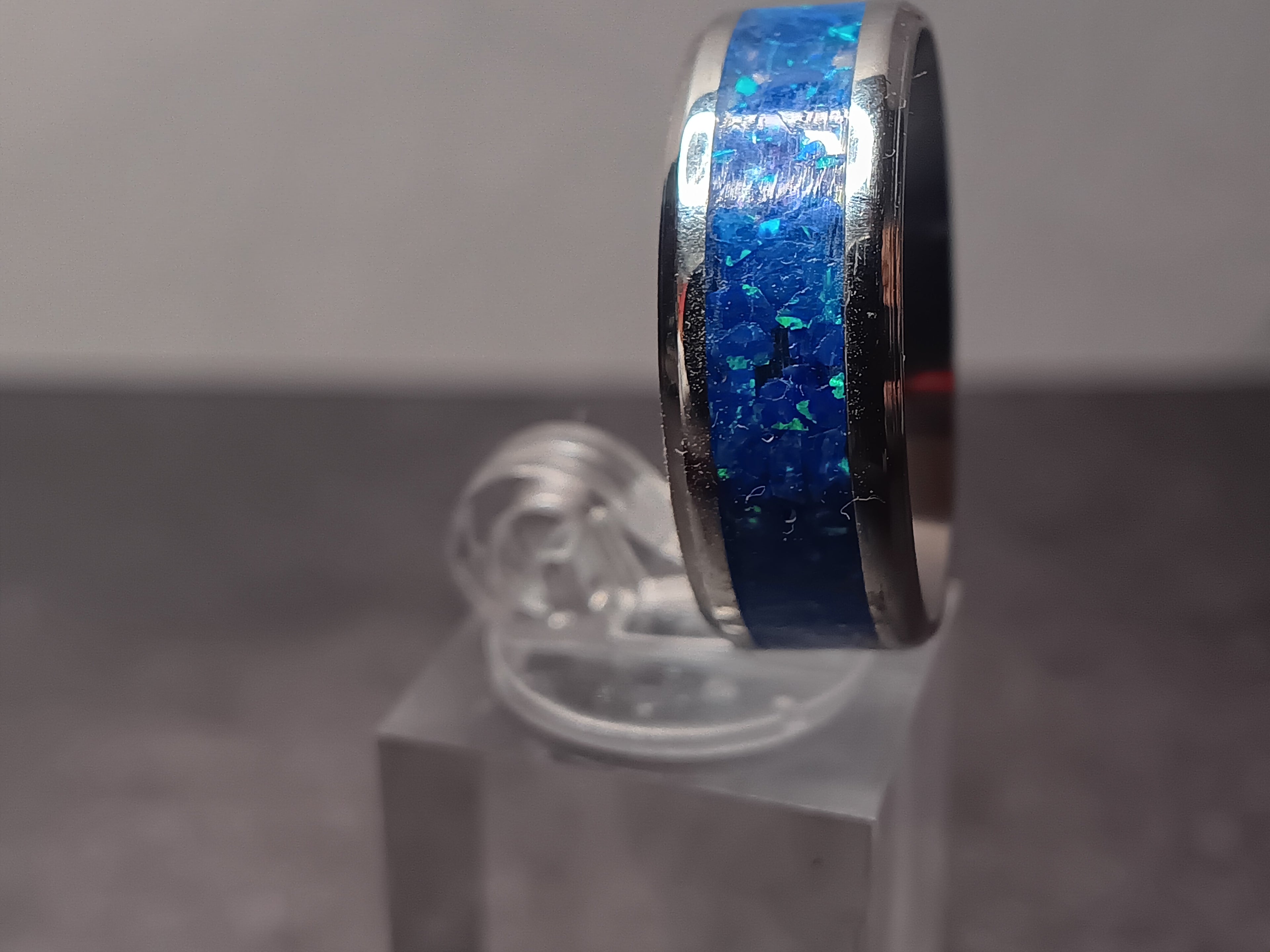 Stainless steel royal blue opal ring