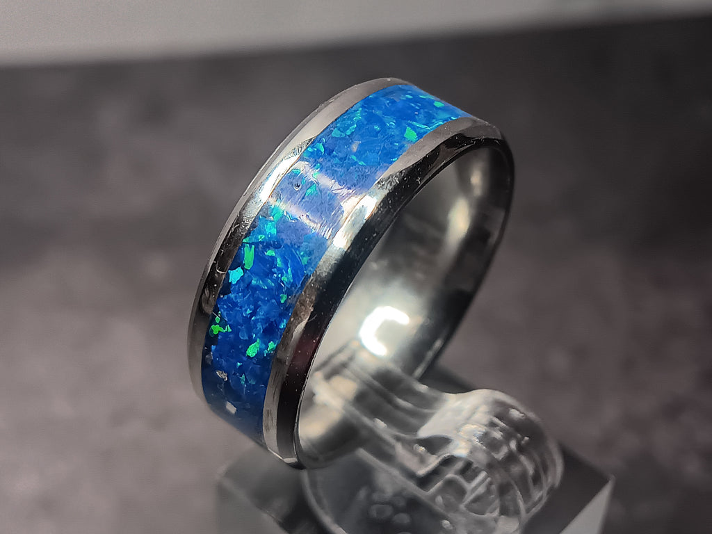 Stainless steel royal blue opal ring
