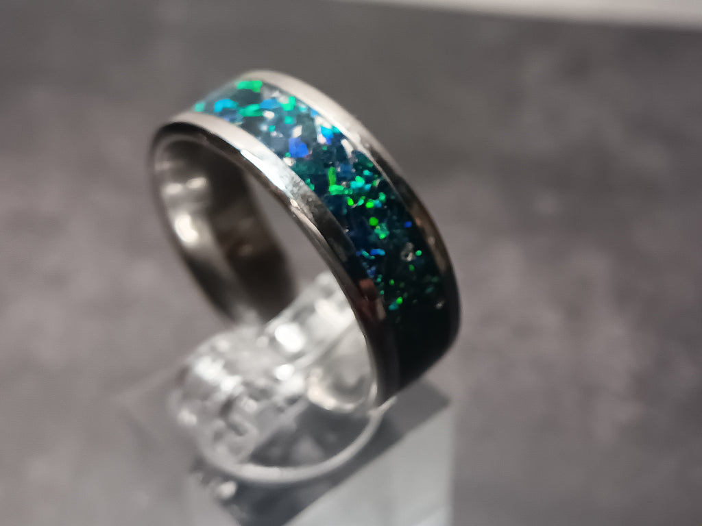 Stainless steel black crushed opal ring