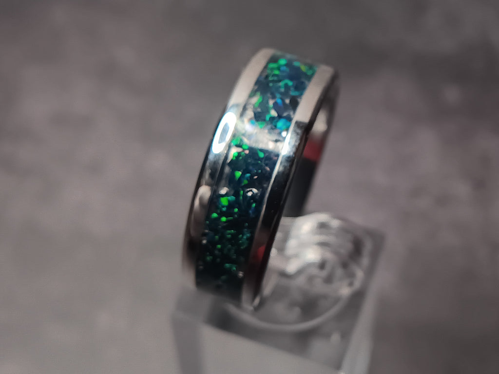 Stainless steel black crushed opal ring