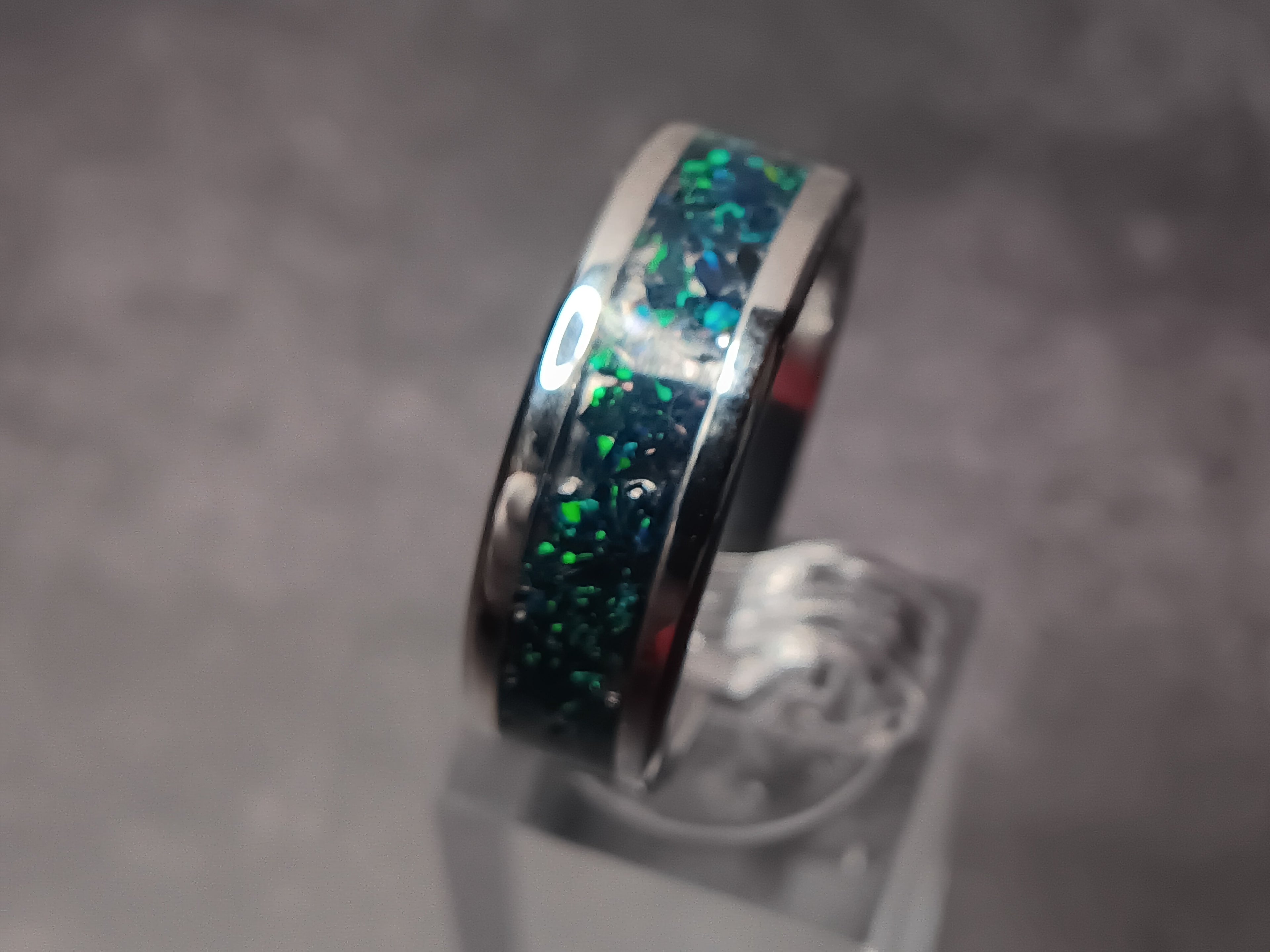 Stainless steel black crushed opal ring