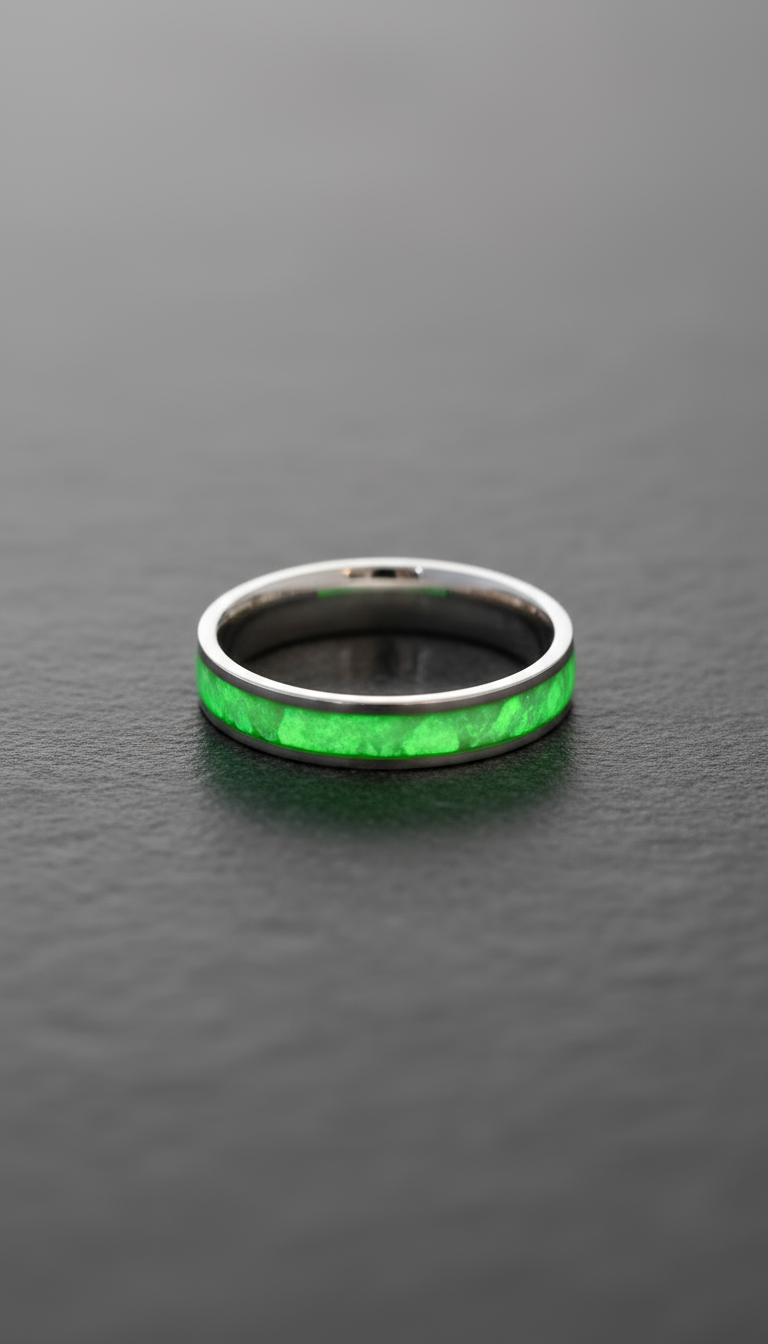 Silver ring with green glow powder